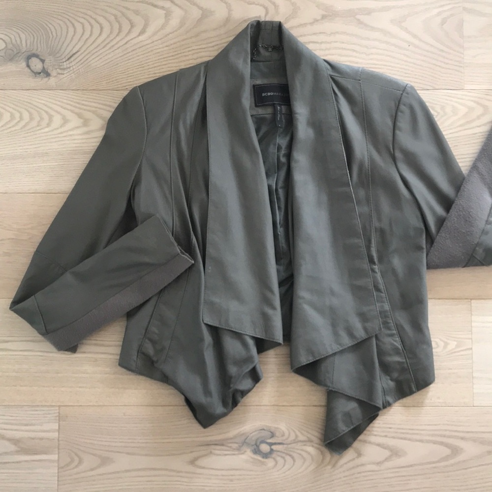 BCBG Grey leather draping blazer